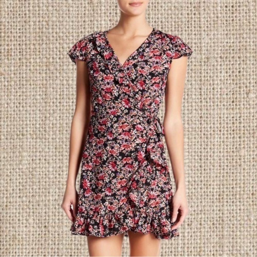 Pink ruffle, wraparound dress with floral print